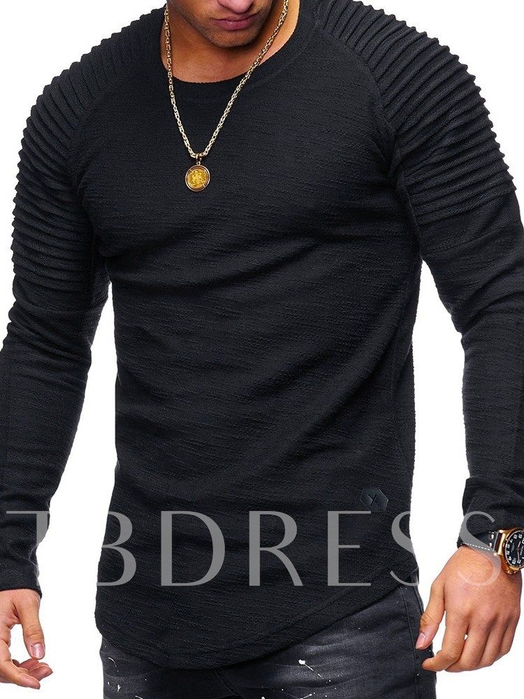 Pleated Plain Casual Round Neck Pullover Men's T-shirt