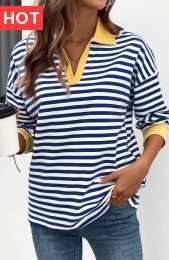 Navy Patchwork Striped Long Sleeve T Shirt