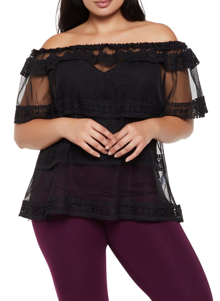 Plus Size Off the Shoulder Crochet Trim Mesh Top