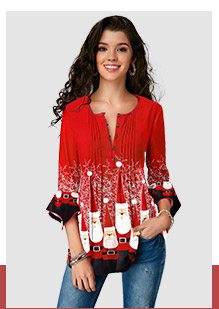 Crinkle Chest Flare Cuff Christmas Print Blouse