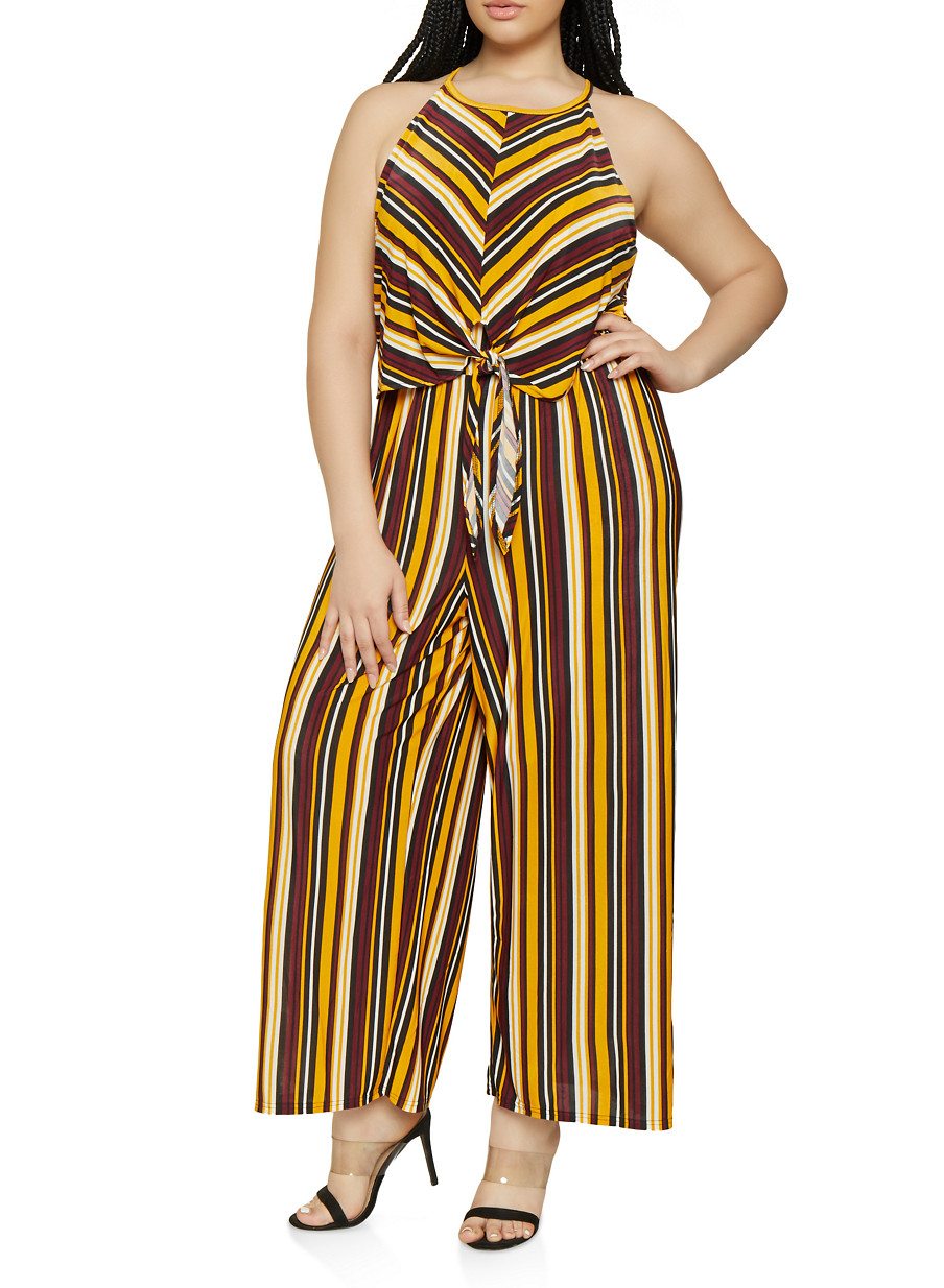 Plus Size Striped Tie Front Overlay Jumpsuit