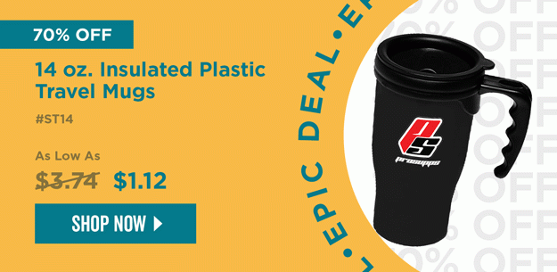 EPIC DEAL | 70% Off | 14 oz. Insulated Plastic Travel Mugs | Item# ST14 | No code needed | As low as $1.12 | Shop Now