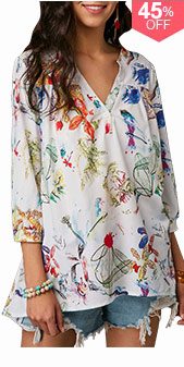 Printed Three Quarter Sleeve Button Neck Blouse