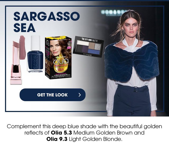 SARGASSO SEA - GET THE LOOK > - Complement this deep blue shade with the beautiful golden reflects of Olia 5.3 Medium Golden Brown and Olia 9.3 Light Golden Blonde.