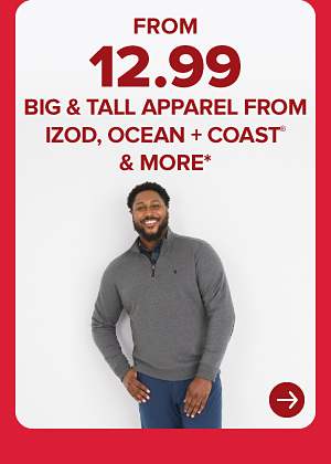 A man in a gray sweater. From 12.99 big and tall apparel from Izod, Ocean and Coast and more.