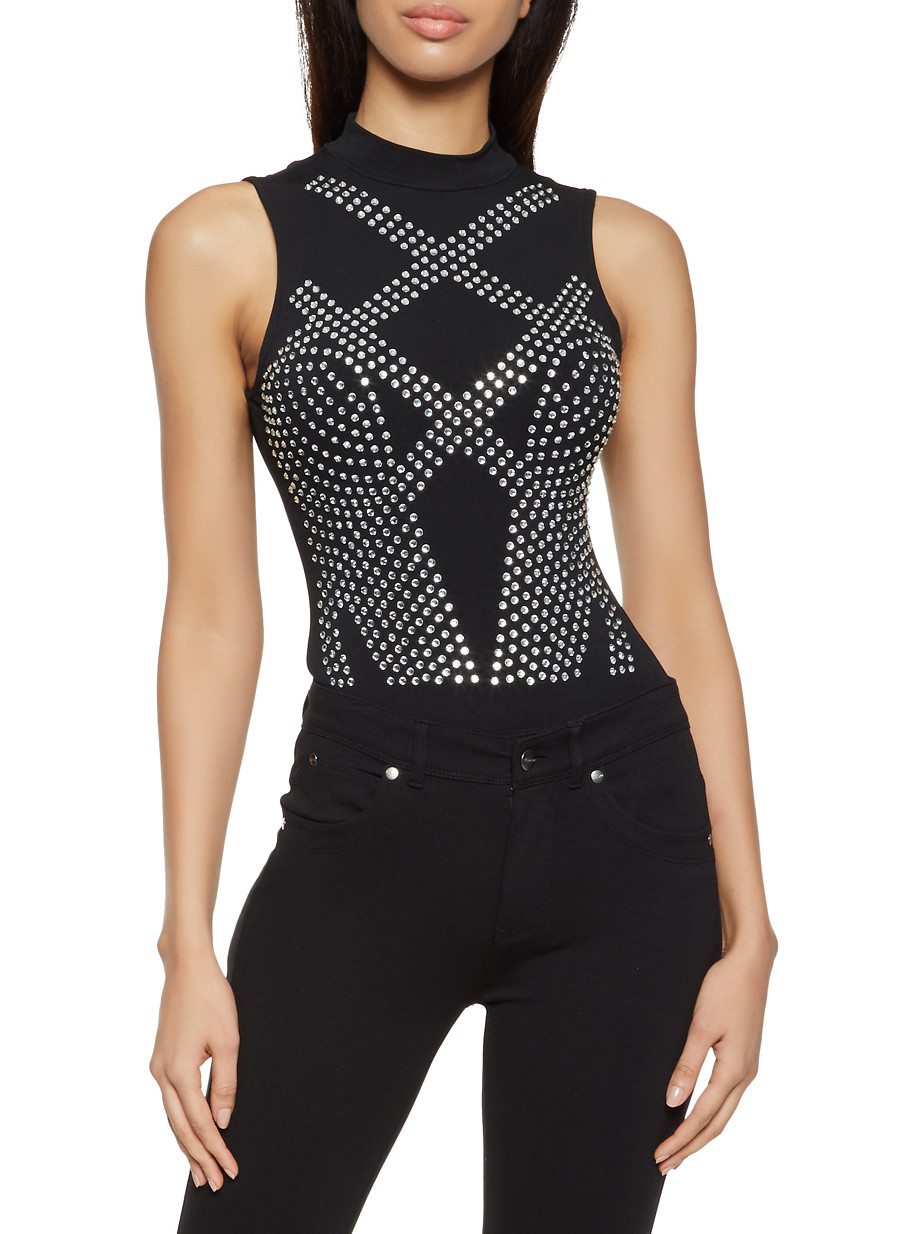 Mock Neck Rhinestone Studded Bodysuit