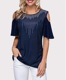 Cold Shoulder Dot Print Navy Blue T Shirt