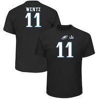 Men's Philadelphia Eagles Carson Wentz NFL Pro Line by Fanatics Branded Black Super Bowl LII Eligible Receiver Patch Name & Number T-Shirt