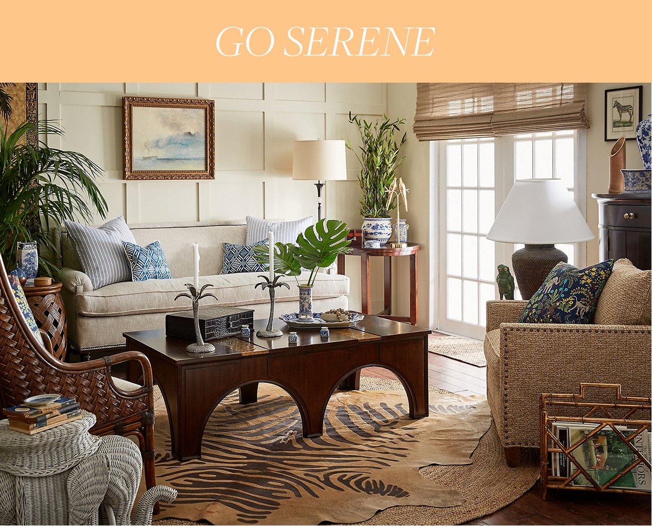 Add serene neutrals and organic materials, or go bold with brilliant colors and bold motifs