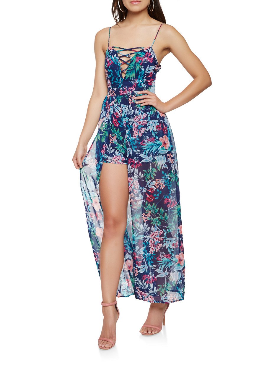 Floral Lace Up Maxi Romper