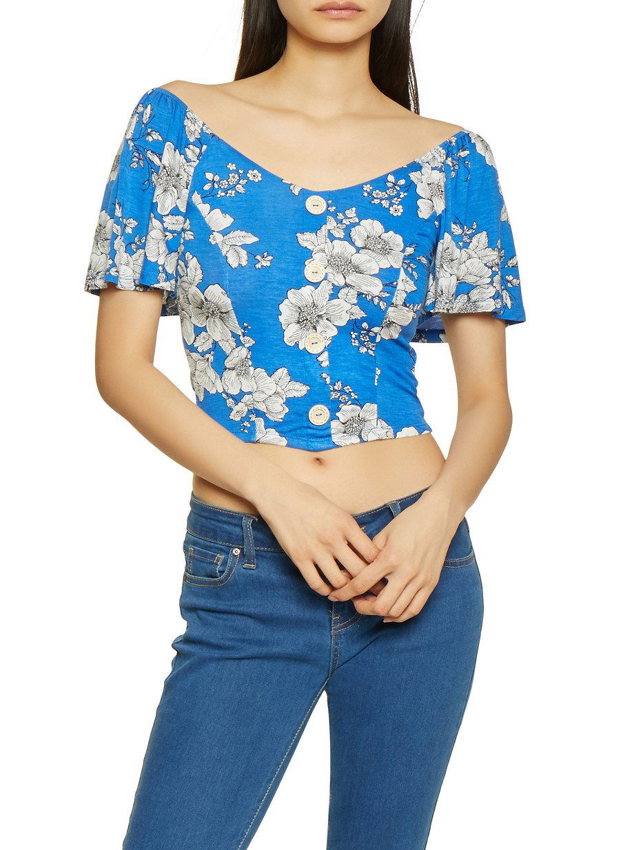 Faux Button Floral Crop Top