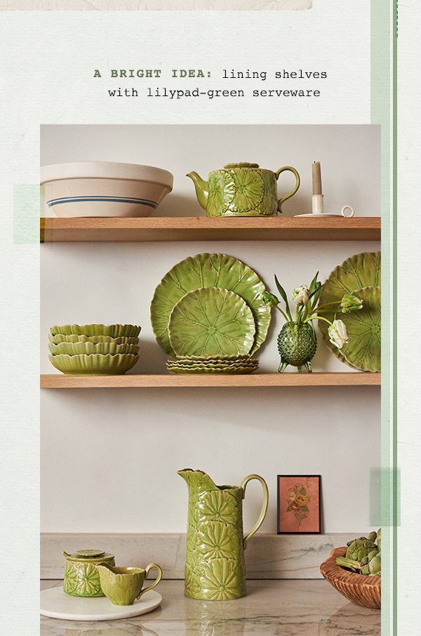 a bright idea: lining shelves with lilypad green serveware.