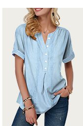 Button Front Roll Sleeve Split Neck Blouse