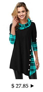 Cowl Neck Plaid Print Asymmetric Hem T Shirt