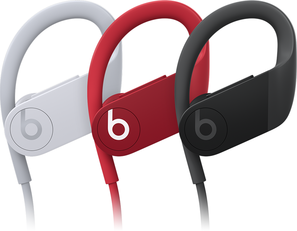 All three colorways of the new Powerbeats. In white, red, and black.