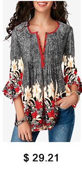 Printed Button Up Pleated Three Quarter Sleeve Blouse