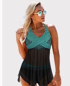 Polka Dot Print Halter Neck Asymmetric Hem Swimdress and Panty 