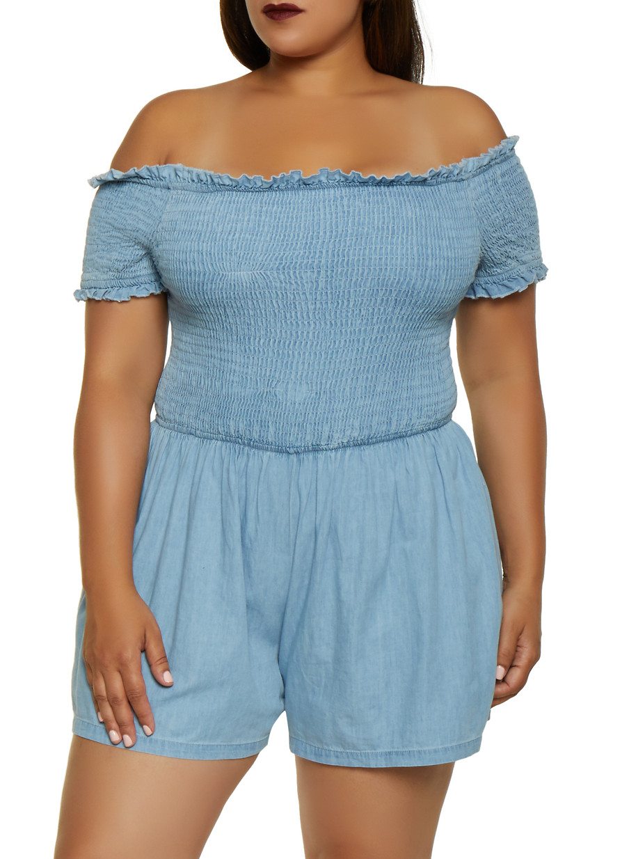 Plus Size Denim Off the Shoulder Romper