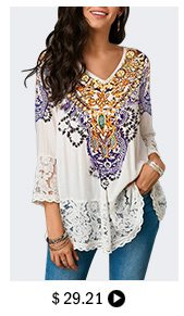 Lace Patchwork Three Quarter Sleeve Blouse