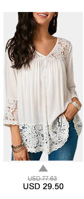 Button Up Lace Patchwork White Blouse