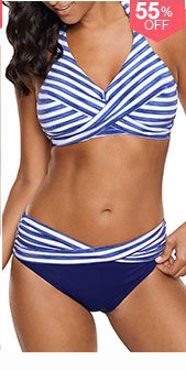 Halter Striped Twist Front Blue Bikini Set