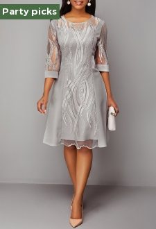 ROTITA Lace Panel Light Grey 3/4 Sleeve Dress