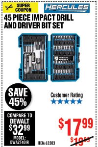 45 Pc Hercules Impact Driver Bit Set