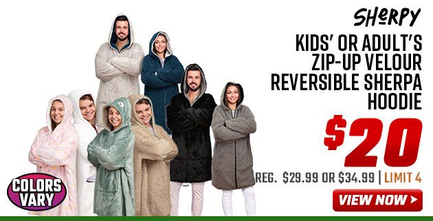 Sherpy Kids' or Adult's Zip-Up Velour Reversible Sherpa Hoodie