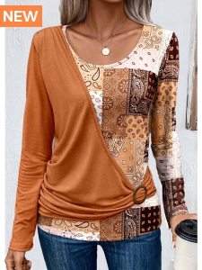 ROTITA Asymmetry Patchwork Orange Scoop Neck T Shirt