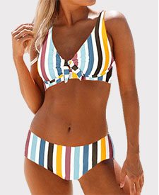 Mid Waist Multi Stripe Spaghetti Strap Bikini Set