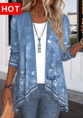 Denim Blue Patchwork Floral Print 3/4 Sleeve Light Coat