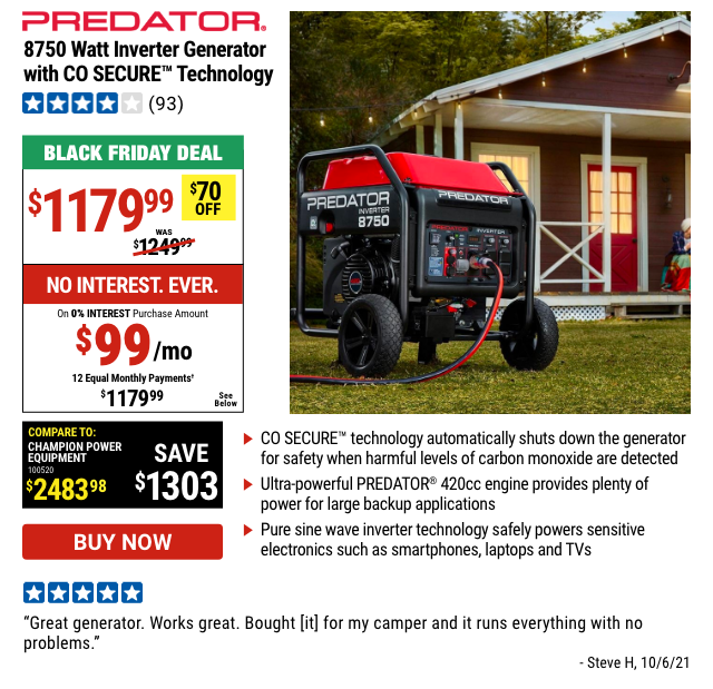 PREDATOR 8750 Watt Inverter Generator with CO SECURE Technology