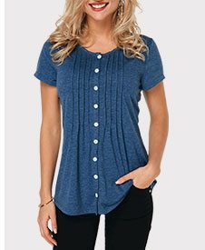 Button Up Crinkle Chest Navy Blue T Shirt