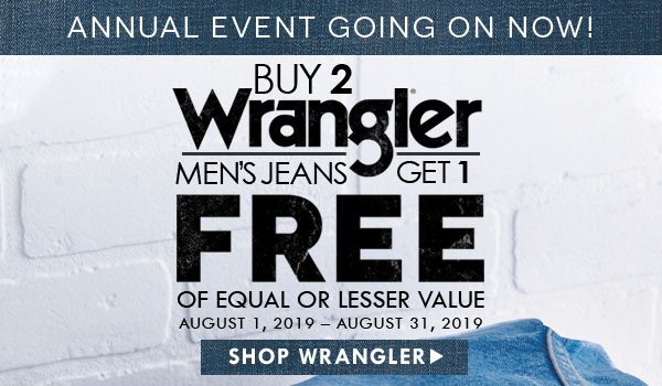 Buy 2 Wrangler men's jeans, get 1 free of equal or lesser value