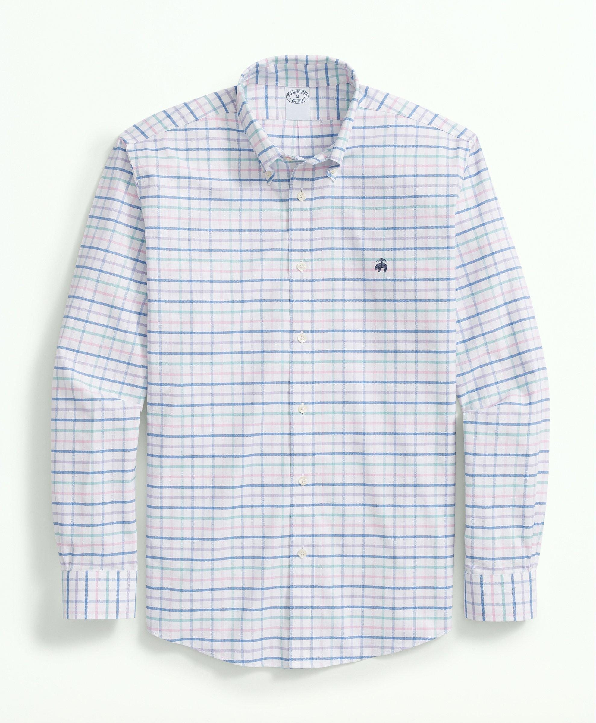 Stretch Cotton Non-Iron Oxford Polo Button Down Collar, Multi Windowpane Shirt