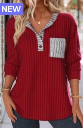 Wine Red Button Long Sleeve Split Neck Sweatshirt