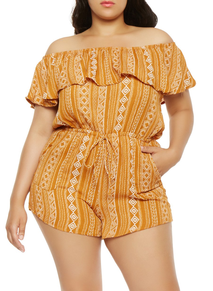 Plus Size Printed Off the Shoulder Romper