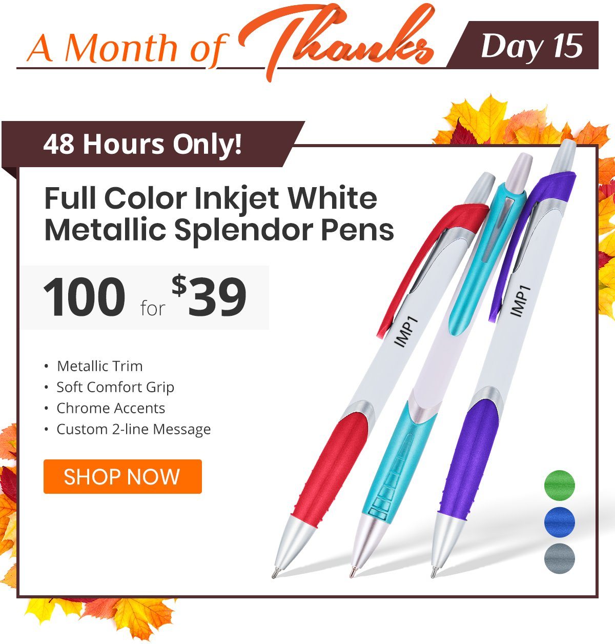 100 Full Color Inkjet White Metallic Splendor Pens for only $39!