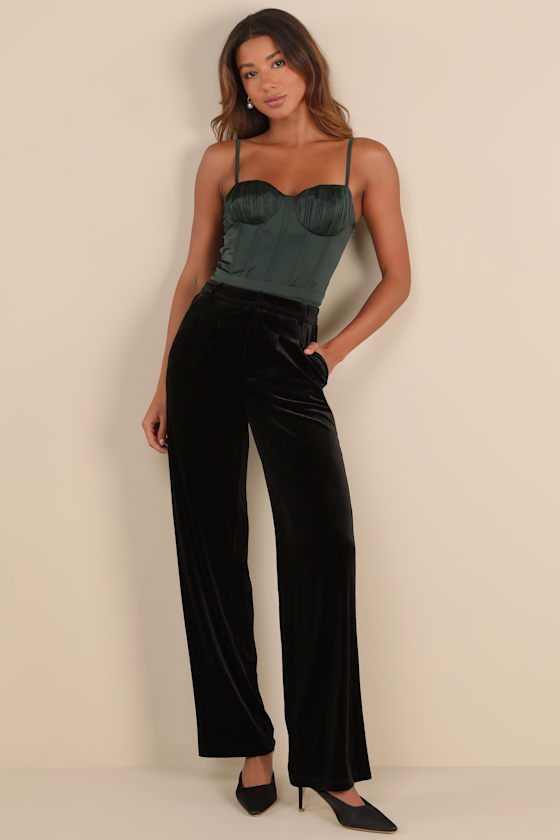 Image of Posh Idea Black Velvet High-Rise Straight Leg Trouser Pants