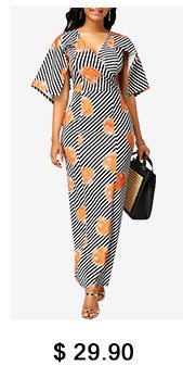 Half Sleeve V Neck Striped Maxi Dress