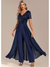 ROTITA Sequin Navy Long V Neck Short Sleeve Jumpsuit