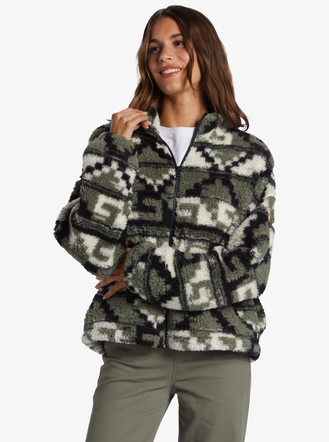 Image of Off The Wave Sherpa Printed Full-Zip Fleece - Agave Green Taos Geo