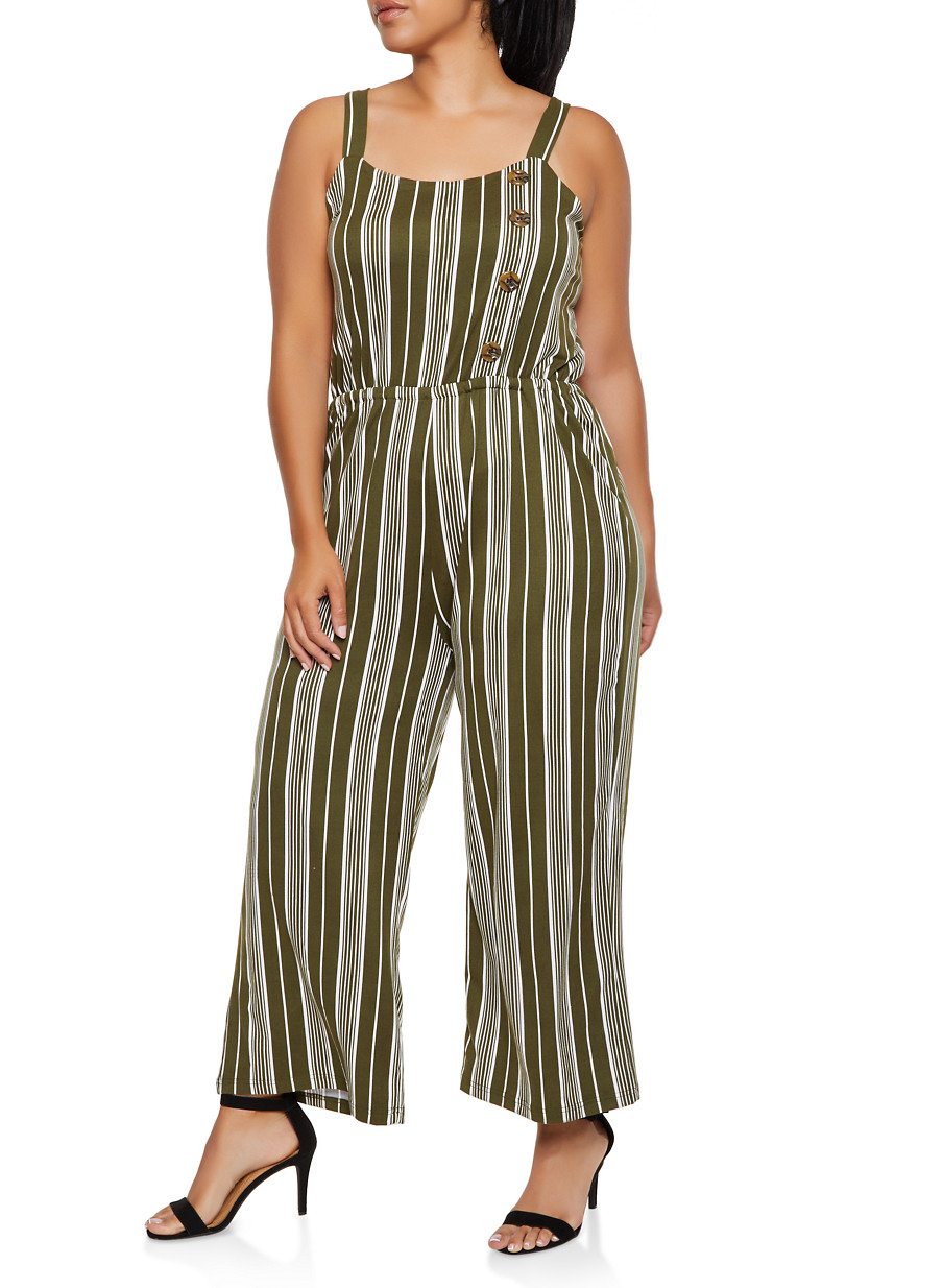 Plus Size Striped Button Detail Jumpsuit