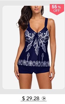 Printed Open Back Navy Padded Tankini Set