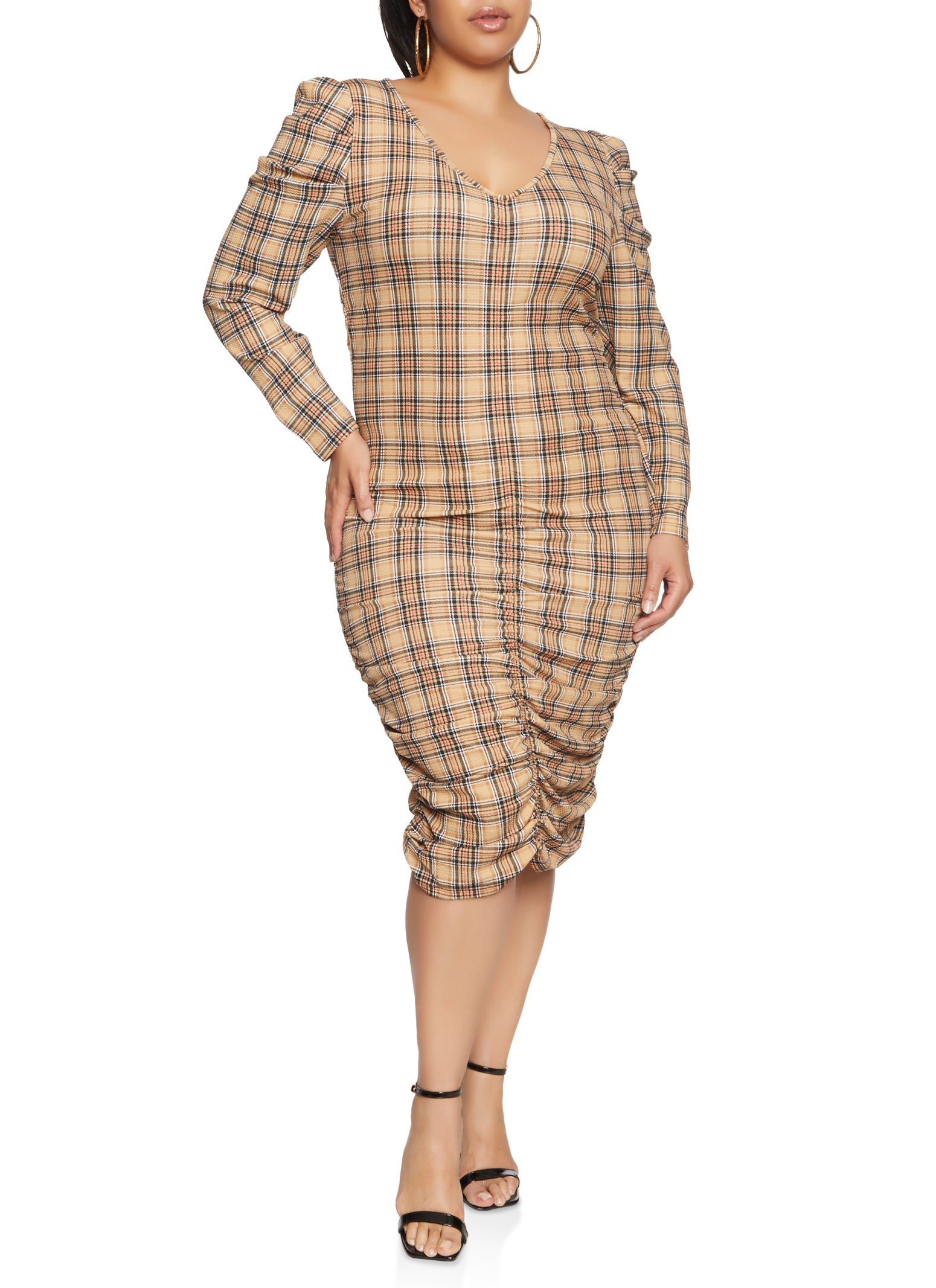 Plus Size Ruched Puff Sleeve Midi Dress - $8.39