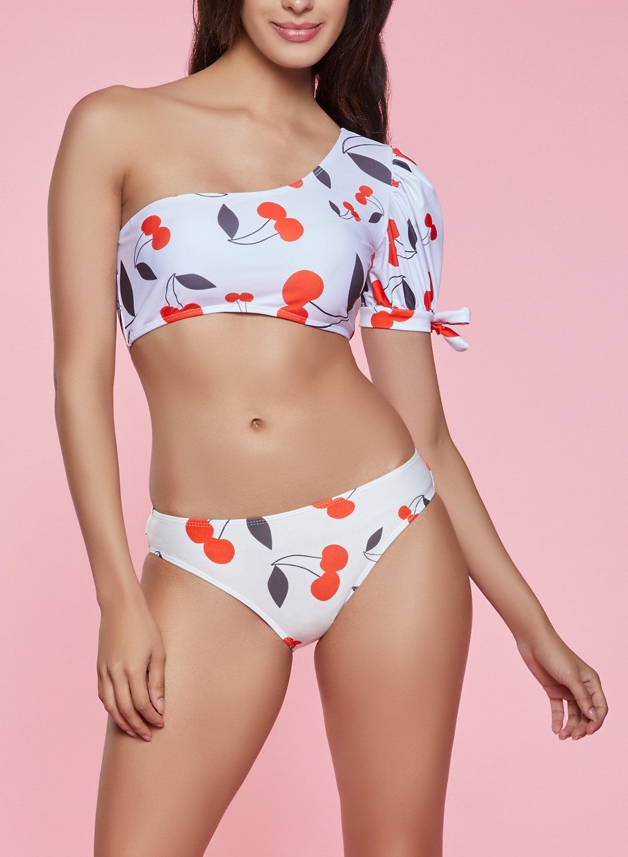 Cherry Print Puff Sleeve Bikini Top