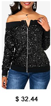 Off the Shoulder Zipper Up Sequin Sweatshirt