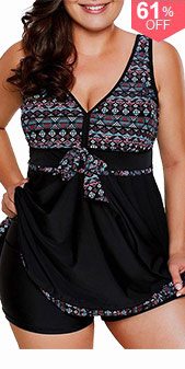 Printed Bowknot Embellished Plus Swimdress and Black Shorts