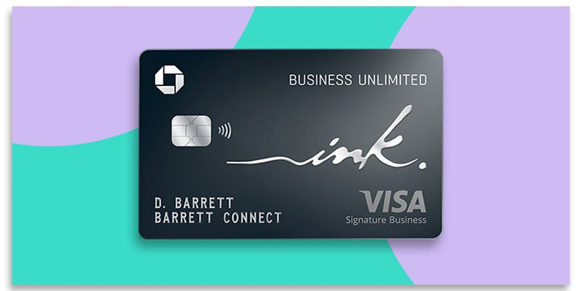 The Chase Ink Business Unlimited credit card on a light green and lavender background.