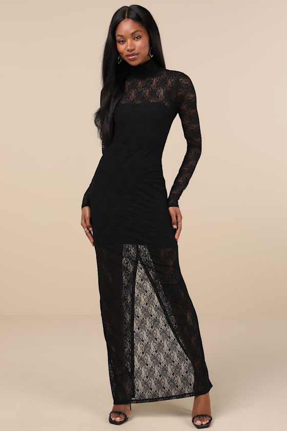 Image of Famous Impression Black Lace Mock Neck Long Sleeve Maxi Dress